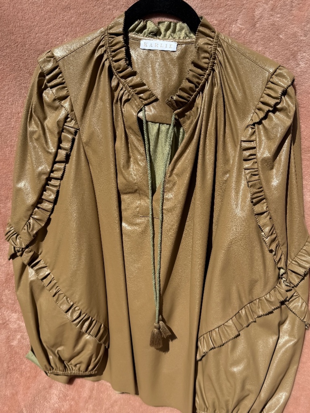Karlie Faux Leather Ruffle Blouse Tan | Women’s Medium | Statement Top